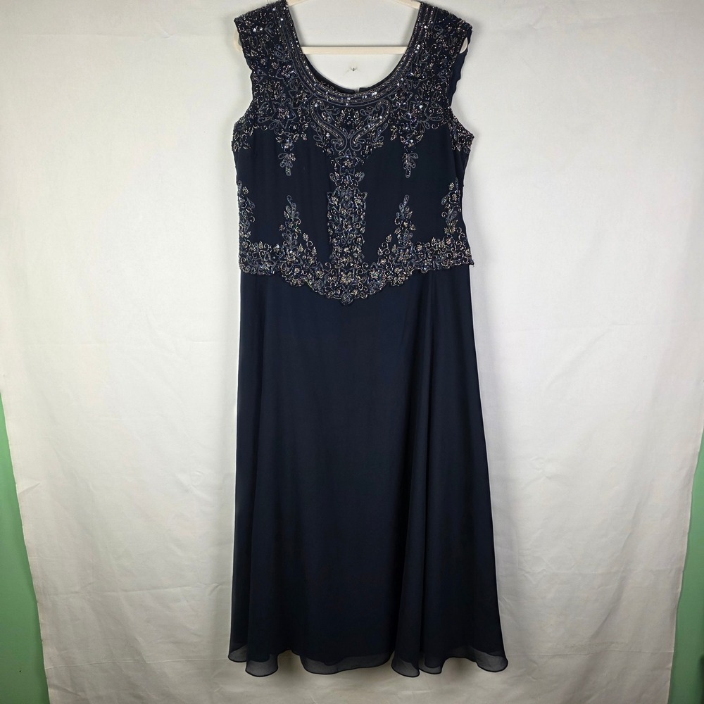 JKARA Navy Blue Beaded Sequin Mock Two Piece Maxi Dress 16P Petite Formal Gown